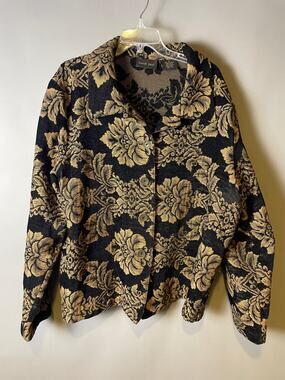 David Paul Women's Large Black Gold Floral Jacquard Tapestry Blazer Jacket